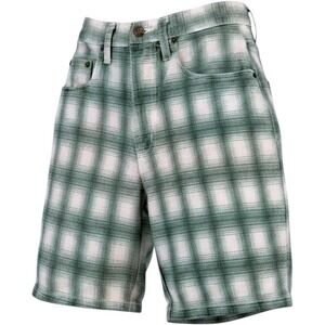 VTG 90s Sostanza Plaid High Waisted Denim Shorts~Green/White~Made in USA~Sz 3/4